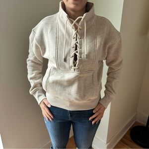Beige Lace-Up Pullover Sweatshirt
